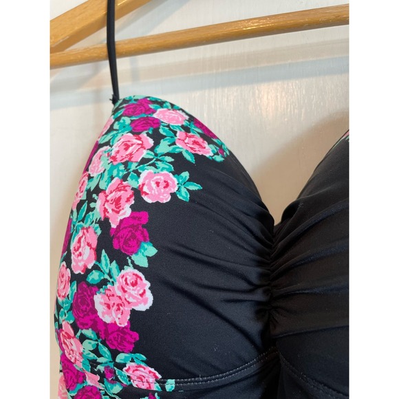 Betsey Johnson black pink floral tankini top padded wireless ruched. Size L - Picture 4 of 6
